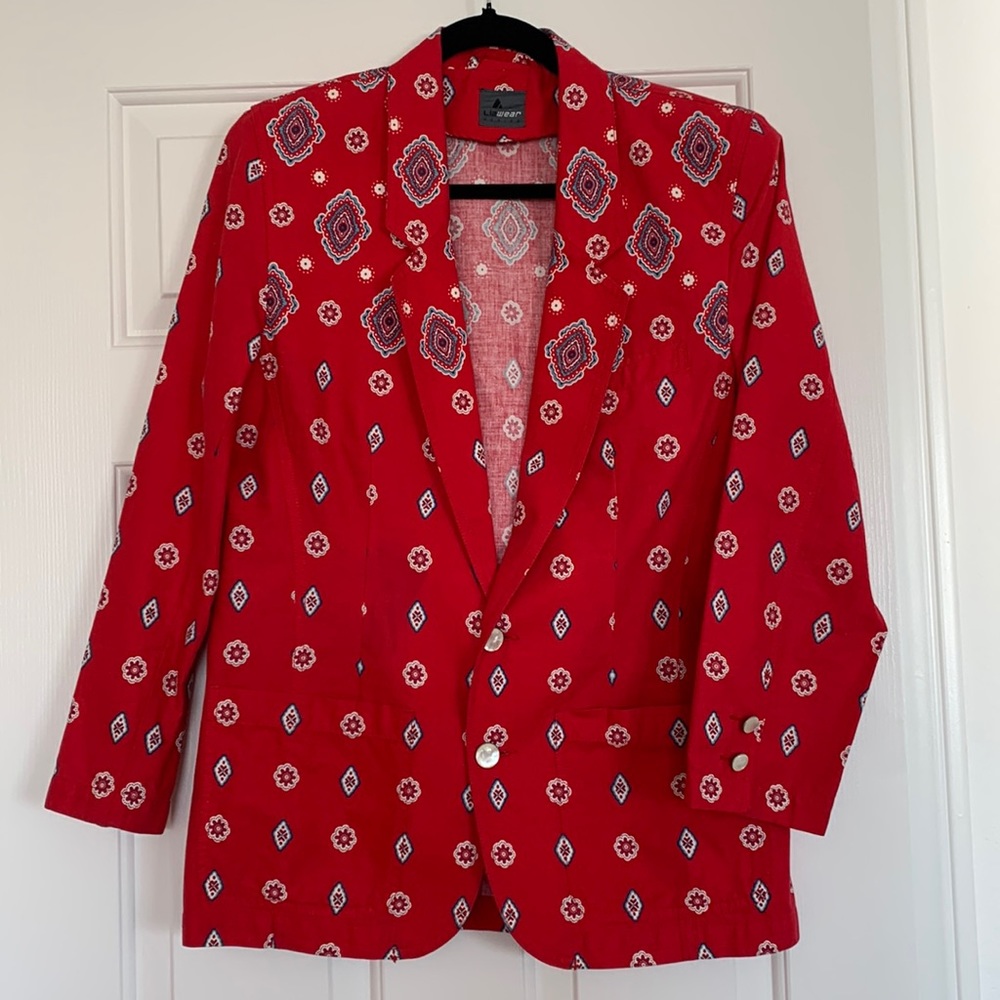 Liz Wear 90’s Red Western Print Blazer Rare Jacket 100% Cotton✨